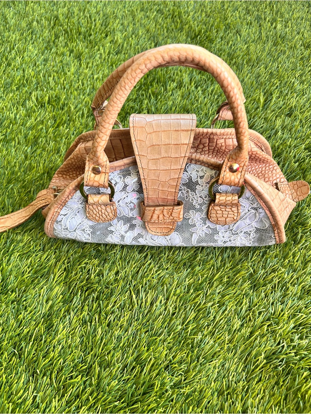 Purse Embossed Mini Satchel with White Lace Panel